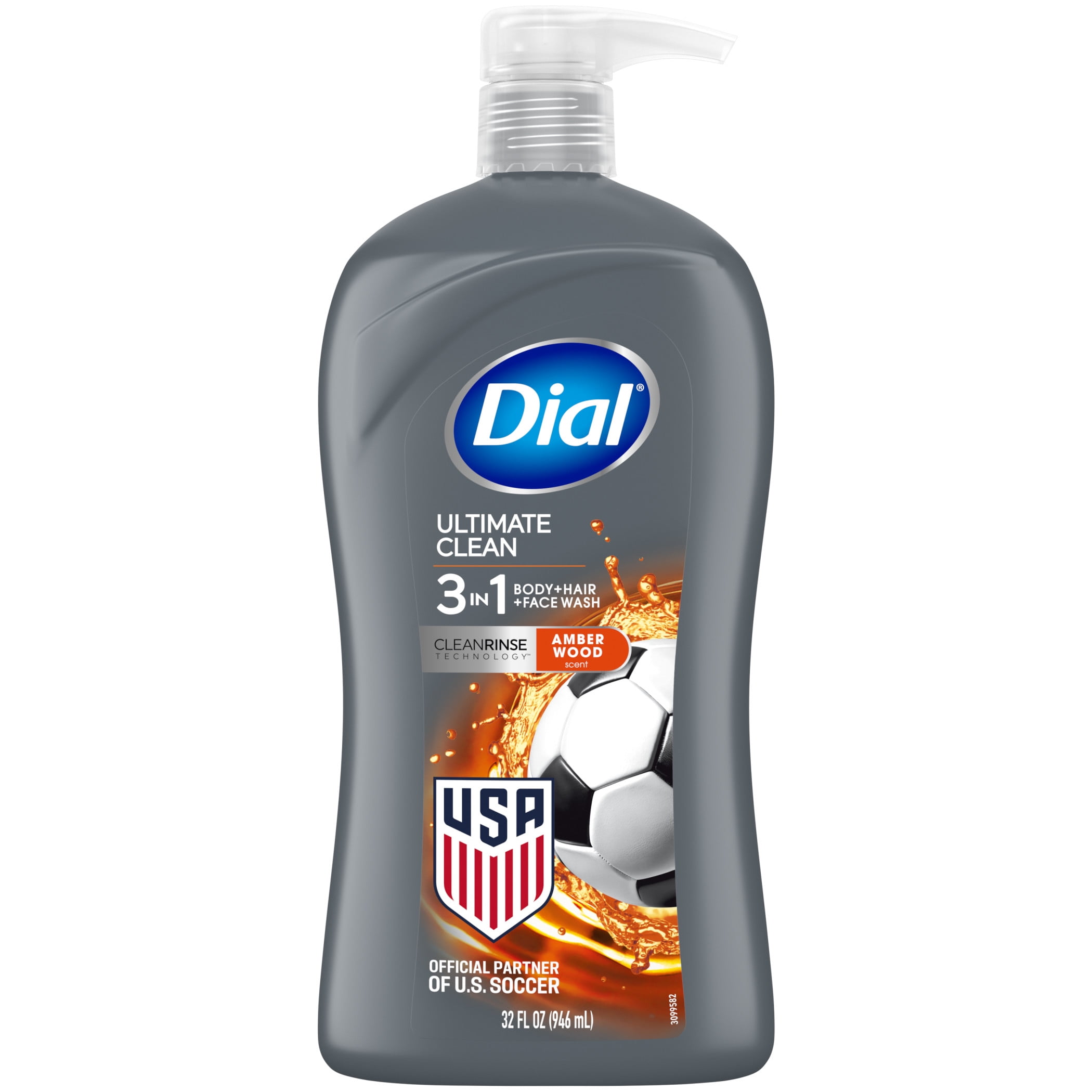 Dial Ultimate Clean 3-in-1 Men's Body Wash for Body, Hair & Face, Amber Wood Scent, 32 oz