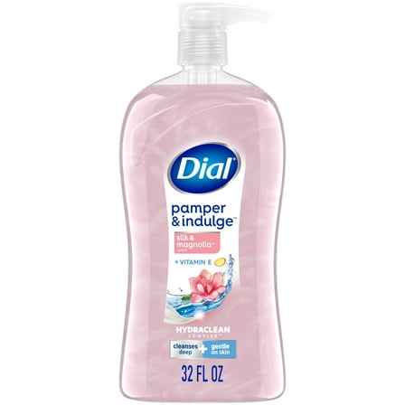 Dial Body Wash, Pamper & Indulge Silk & Magnolia, 32 Fl Oz, Hydraclean Complex & Vitamin E, Gentle, Leaves Skin Feeling Nourished, Dermatologist-Tested, No Parabens & Sulfates