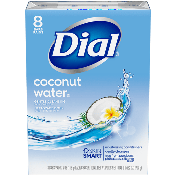 Dial Skin Care Bar Soap, Coconut Water, 4 oz, 8 Bars