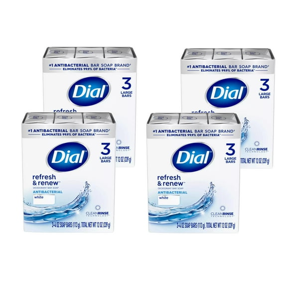 Dial Antibacterial Bar Soap, Refresh & Renew, White, 3 - 4 OZ Soap Bars (Pack of 4)
