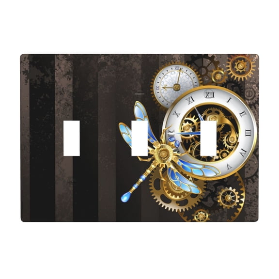 Dials With Dragonfly Steampunk Gold Clock 3 Gang Light Switch Cover Decorative Triple Toggle Wall Plate for Kitchen Bedroom Bathroom Living Room Decor