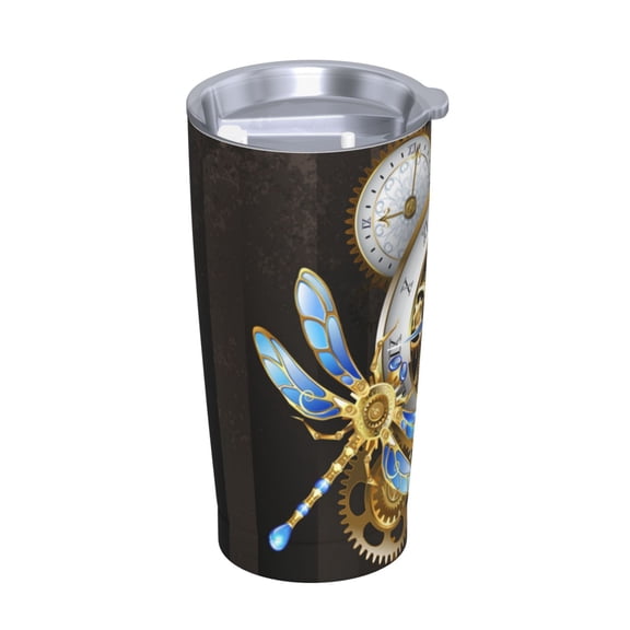 Dials With Dragonfly Steampunk Gold Clock Stainless Steel Tumbler with Lid and Straw 20oz Vacuum Insulated Travel Mug for Hot & Cold Drinks Coffee Wine Water Cup