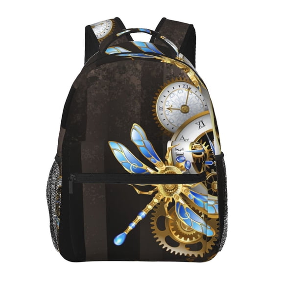 Dials With Dragonfly Steampunk Gold Clock Backpack Casual College Bag Zipper Laptop Daypack Hiking Rucksack Travel