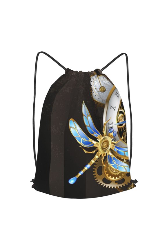 Dials With Dragonfly Steampunk Gold Clock Drawstring Backpack Gym String Bag Sports Sackpack Cinch Sack, Large