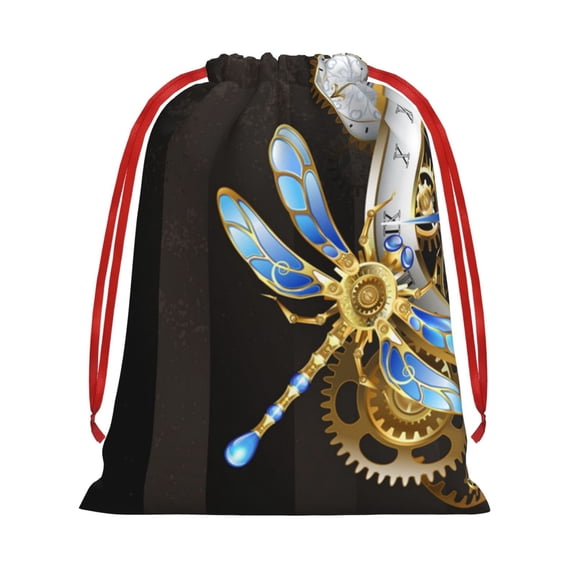 Dials With Dragonfly Steampunk Gold Clock Drawstring Gift Bag Soft Pouch Reusable Favor Bags for Christmas, Halloween, Candy, Wedding, Birthday