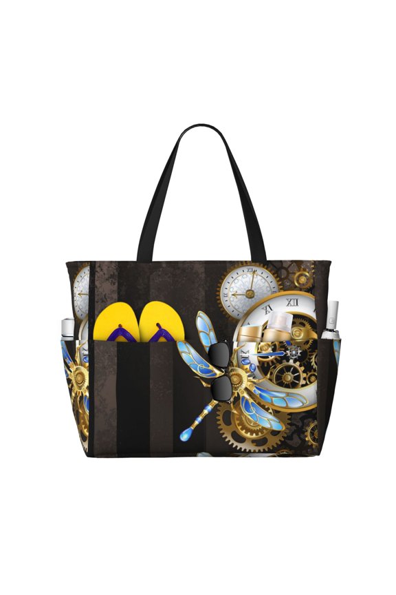 Dials With Dragonfly Steampunk Gold Clock Large Capacity Beach Travel Tote Bag Shoulder Handbag for Gym Camping Shopping