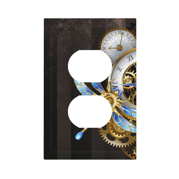 Dials With Dragonfly Steampunk Gold Clock Light Switch Cover Decorator Duplex Wall Plate 1-Gang Receptacle Outlet Decor