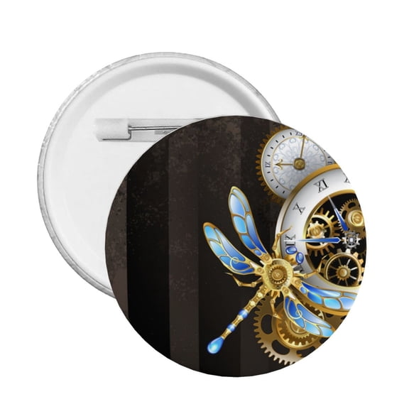 Dials With Dragonfly Steampunk Gold Clock Round Button Pin Badge 5PCS Pinback Buttons Lapel Pin for Jacket, Backpack, Hat, Party Favor, Gift