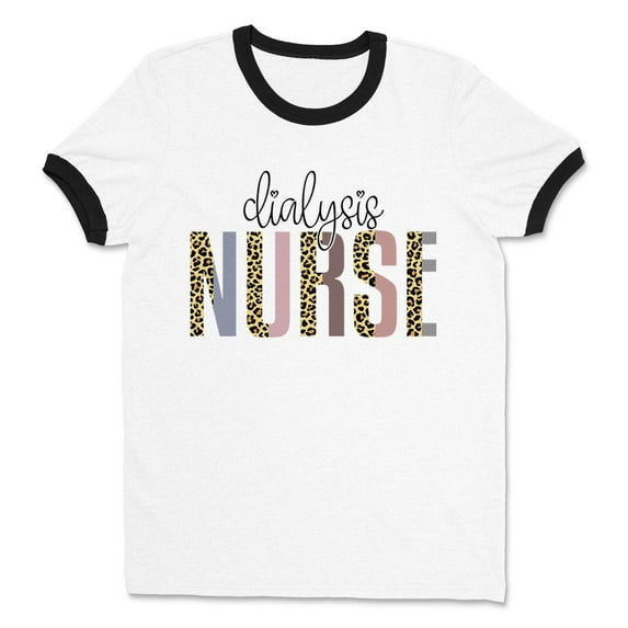 Dialysis Nurse Leopard Print Ringer Tee Shirt Unisex Medium White/Black