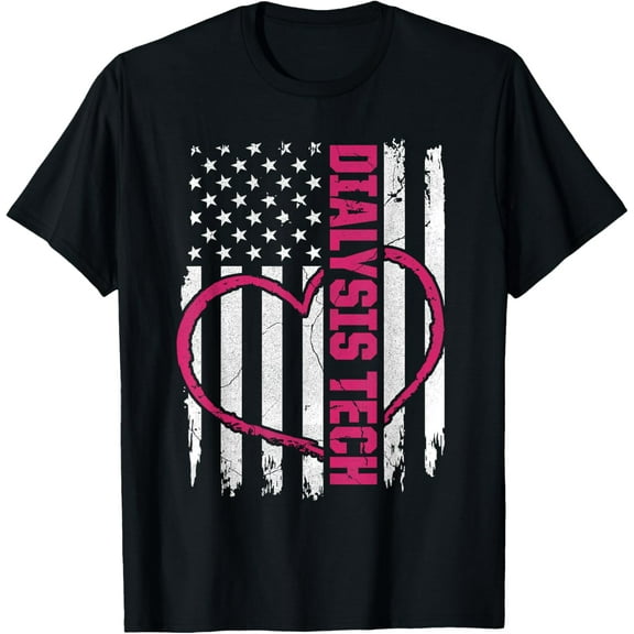Dialysis Technician Flag Heart Nephrology Tech T-ShirtMen and women, Black T-shirt, size: Extra large