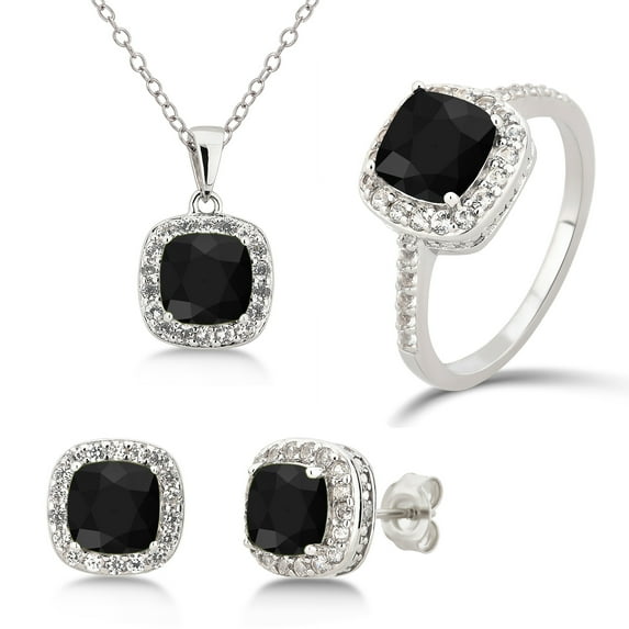 Diam accent, Created Black Onyx & White Sapphire Sterling Silver 3 pcs Jewelry Set