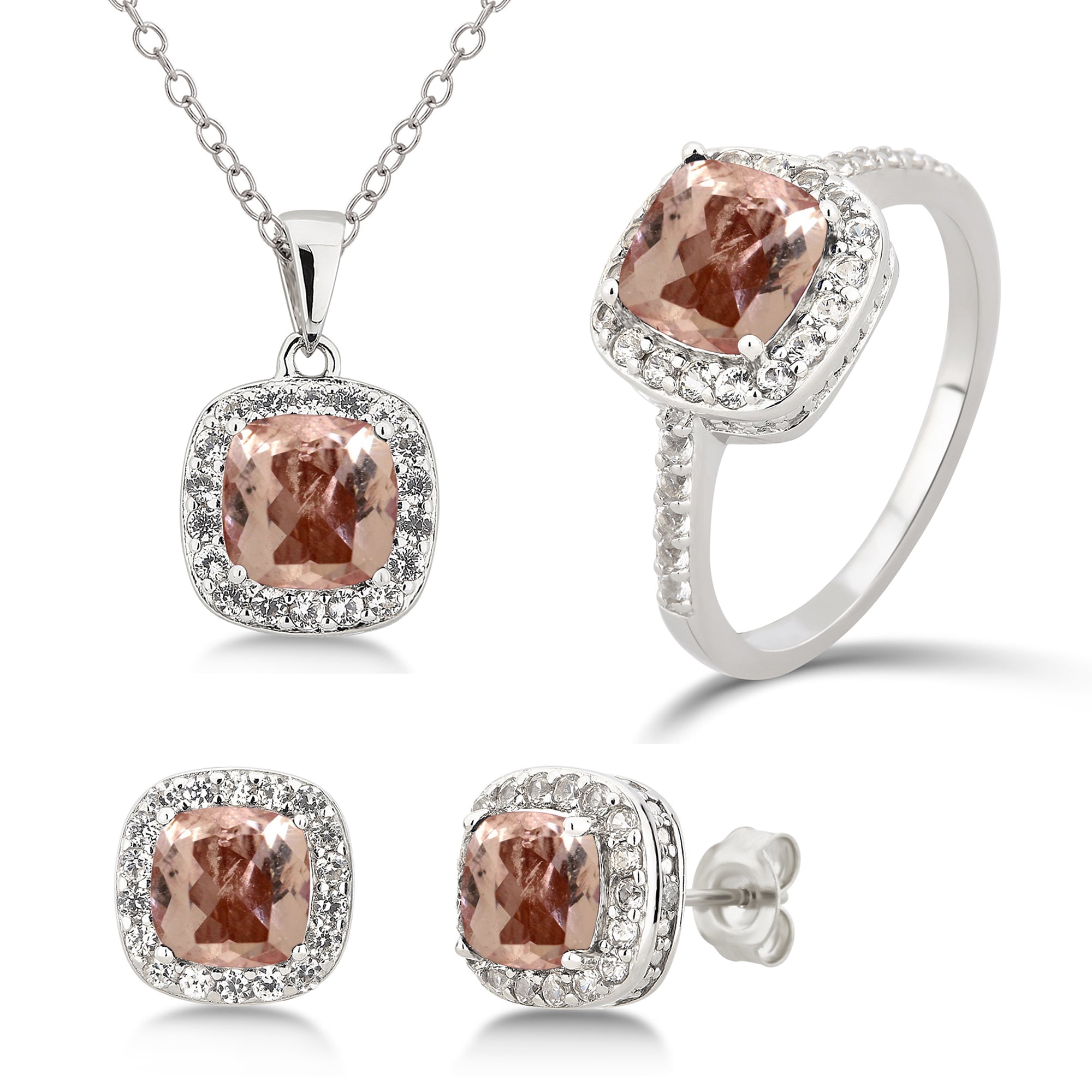 Diam accent, Created Morganite & White Sapphire Sterling Silver 3 pcs Jewelry Set