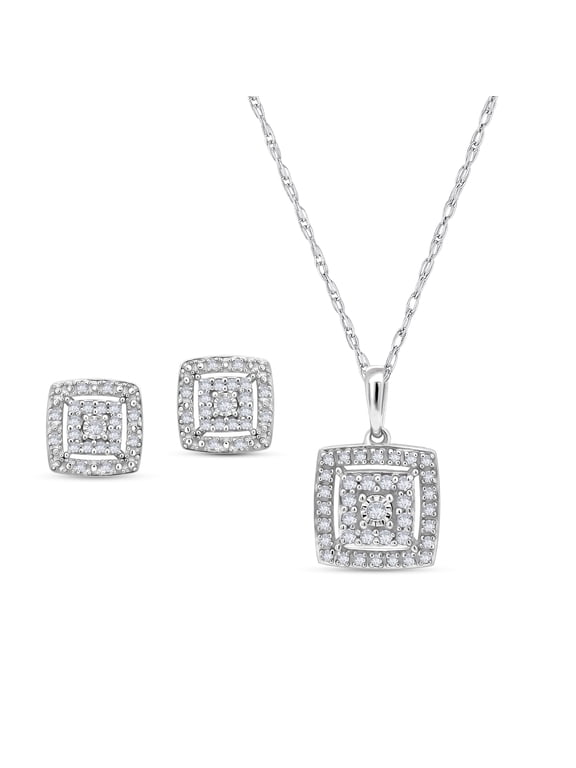 3/8 Cttw Natural Diamond Earrings & Pendant Set for Adult in Sterling Silver