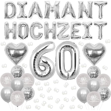 Diamant Hochzeit Deko, 60 Diamant Hochzeit Luftballons Banner, Hochzeitstag Dekoration, Silber Herz Folienballons, Nummer 60 Konfetti, Alles Gute zum 60. Jahrestag Zubehör für Paar Eltern