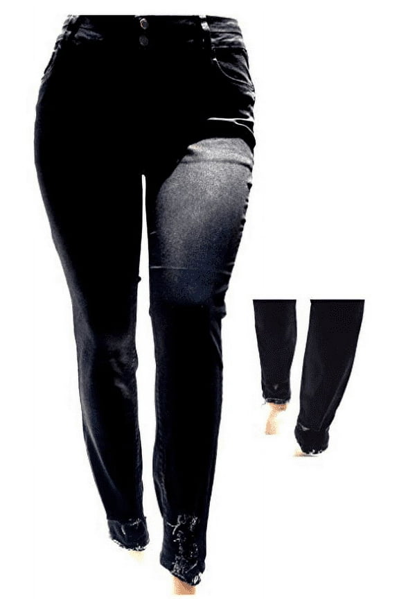 women's plus size black raw hem frayed skinny black denim jeans