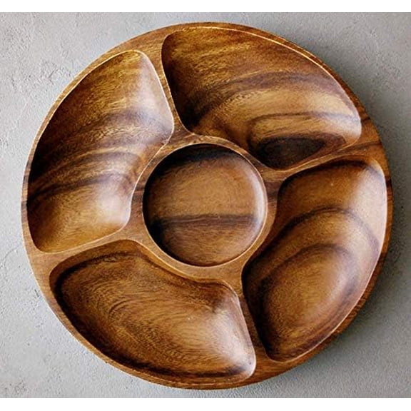 Diameter 12" Premium Acacia Wooden 5-Compartment Divided Round Wood Plate Divided Dessert Serving Trays Platters 5 Section$$Home Decor, Kitchen, & Other