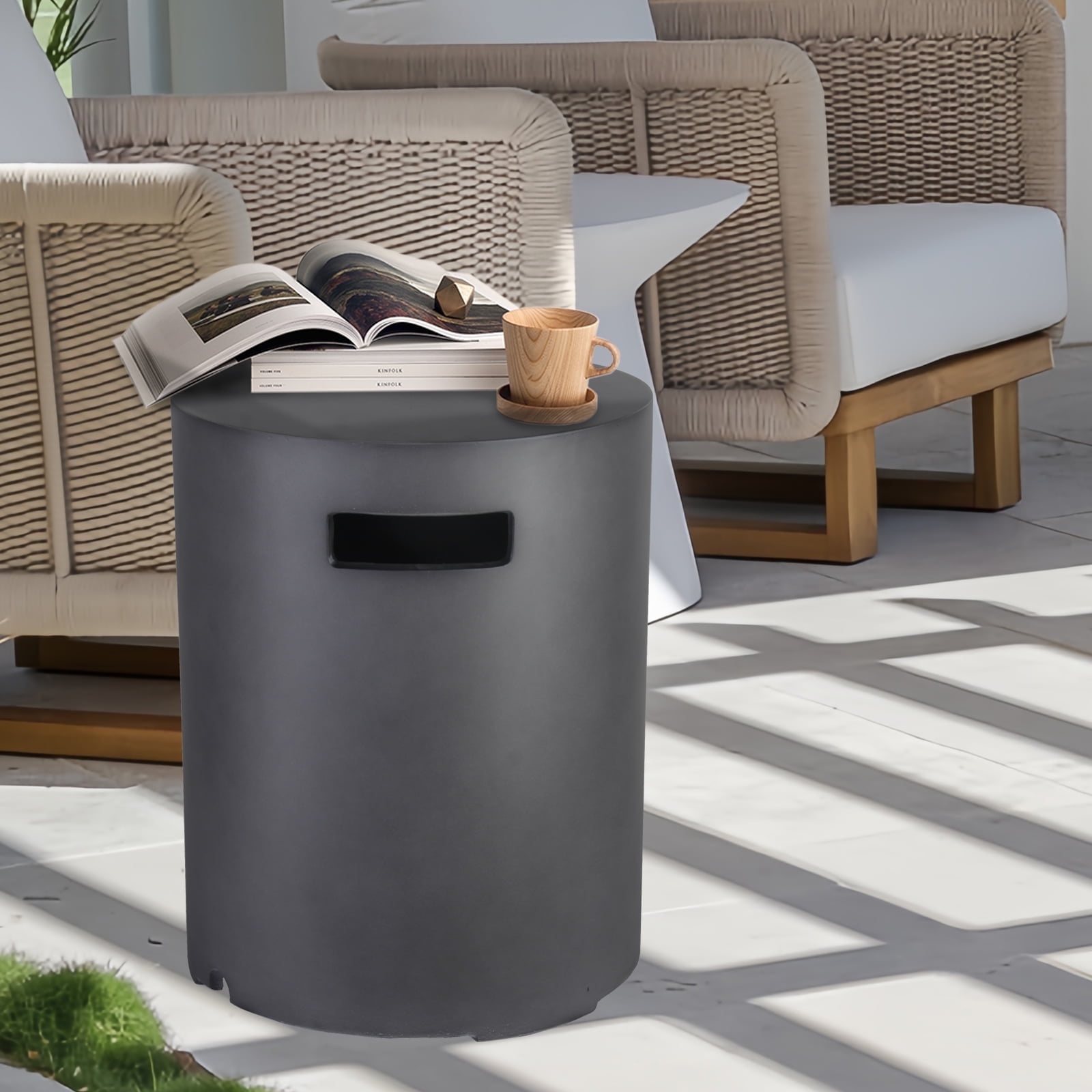 Afterglow 16" Propane Tank Cover Table, Round Tank Container Fits Standard 20 lb Cylinder Bottle Storage Box Hideaway Table, Gas Tank Holder for Outdoor Gas Fire Pits, Dark Gray
