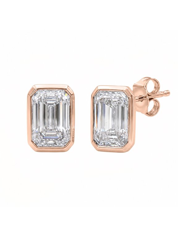 Lab-Grown Diamond Bezel Set Stud Earrings for Women | 14k Rose Gold | Emerald Cut | Bezel Setting, Push Back | F Color, VS+ Clarity | 1.00 Total Carat Weight