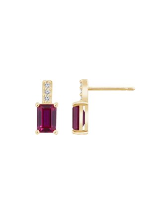 Created Emerald Cut Ruby With Lab Grown Diamond Vertical Bar Drop Earrings
