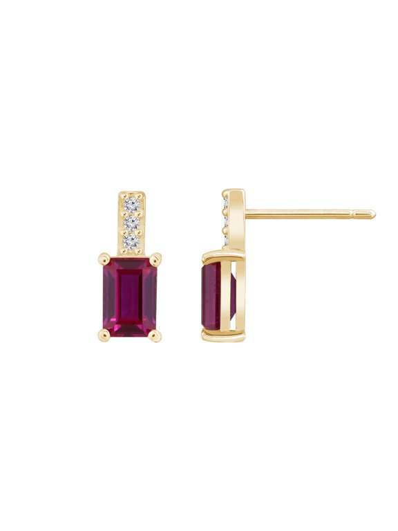 Created Emerald Cut Ruby With Lab Grown Diamond Vertical Bar Drop Earrings
