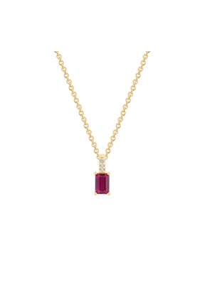 Created Emerald Cut Ruby With Lab Grown Diamond Vertical Bar Pendant Necklace