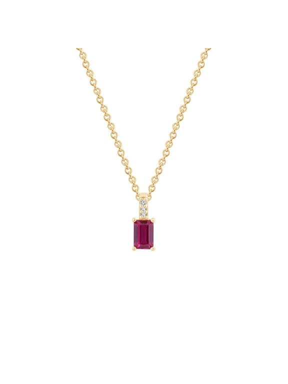 Created Emerald Cut Ruby With Lab Grown Diamond Vertical Bar Pendant Necklace