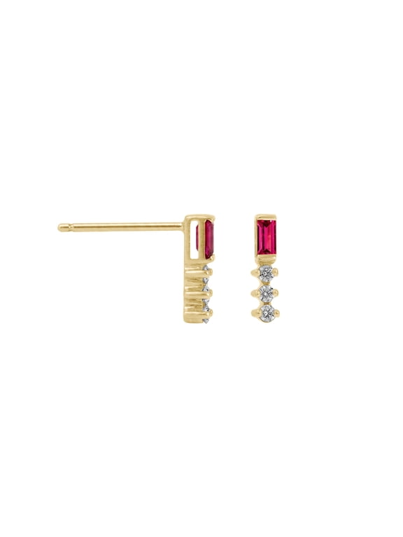 Created Ruby Baguette With Round Lab Grown Diamond Bar Stud Earrings