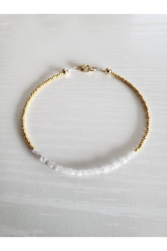 Diamond 2-2.5mm Rondelle Shape Rough Cut Beads 7 inch Gold Plated Clasp Bracelet for men, women, unisex. Link Chain Stacking Bracelet.|LINK_02353