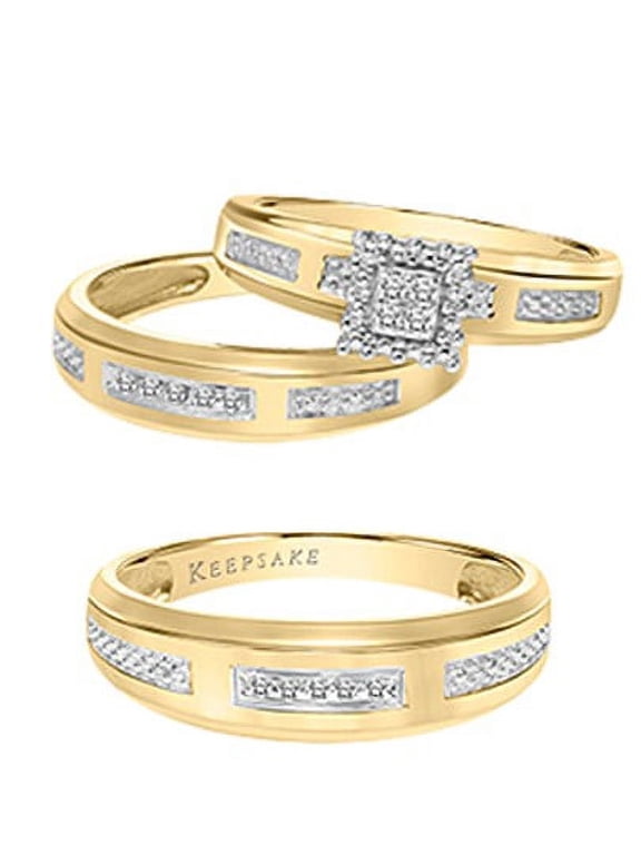 Diamond-Accent 10KT Yellow Gold Women's and Men's Halo "Ivy" Trio Bridal Ring Set