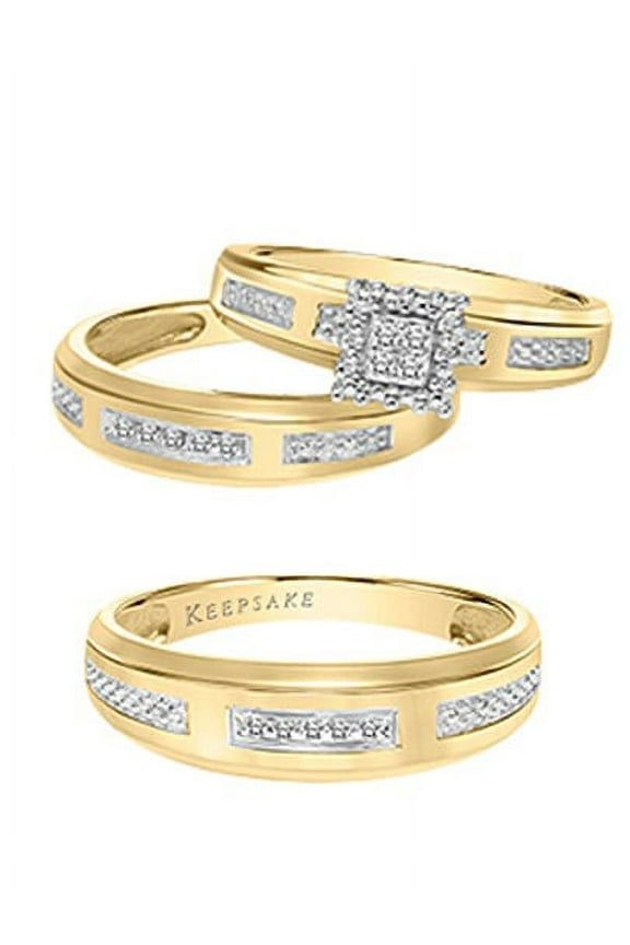 Diamond-Accent 10KT Yellow Gold Women's and Men's Halo "Ivy" Trio Bridal Ring Set