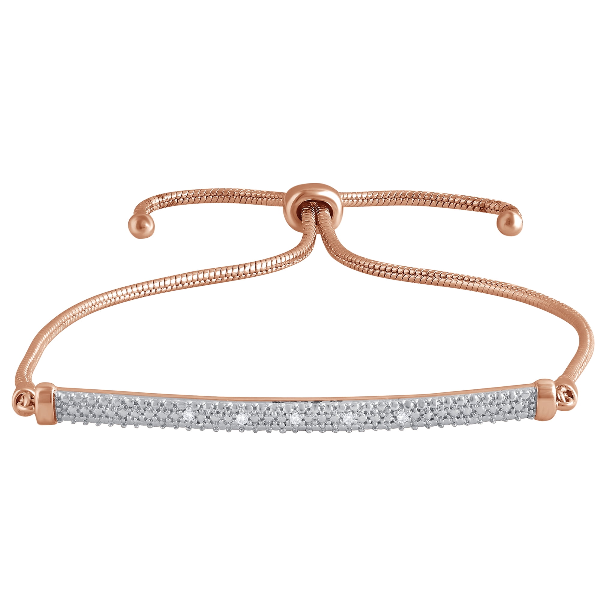 Diamond Accent 14K Rose Gold over tone Brass Adjustable Bolo Bar Bracelet, 8.5 Inch.