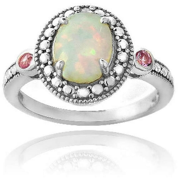 Diamond Accent Created White Opal and Pink Sapphire Sterling Silver Oval Ring