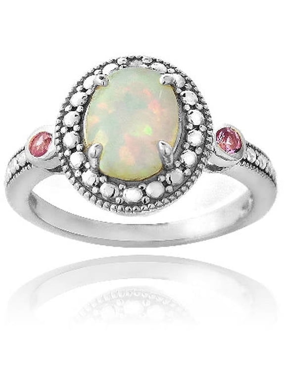 Diamond Accent Created White Opal and Pink Sapphire Sterling Silver Oval Ring
