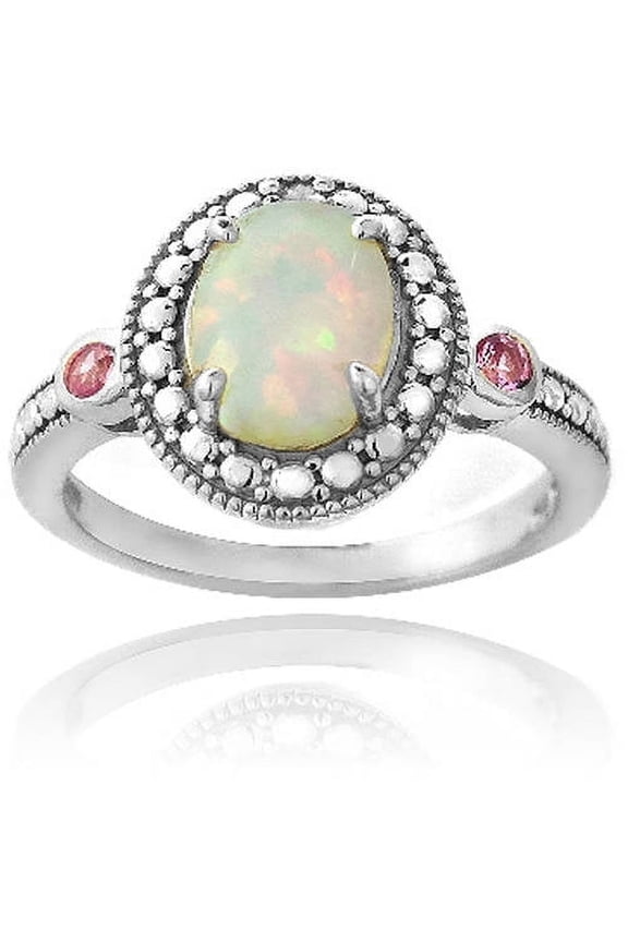 Diamond Accent Created White Opal and Pink Sapphire Sterling Silver Oval Ring
