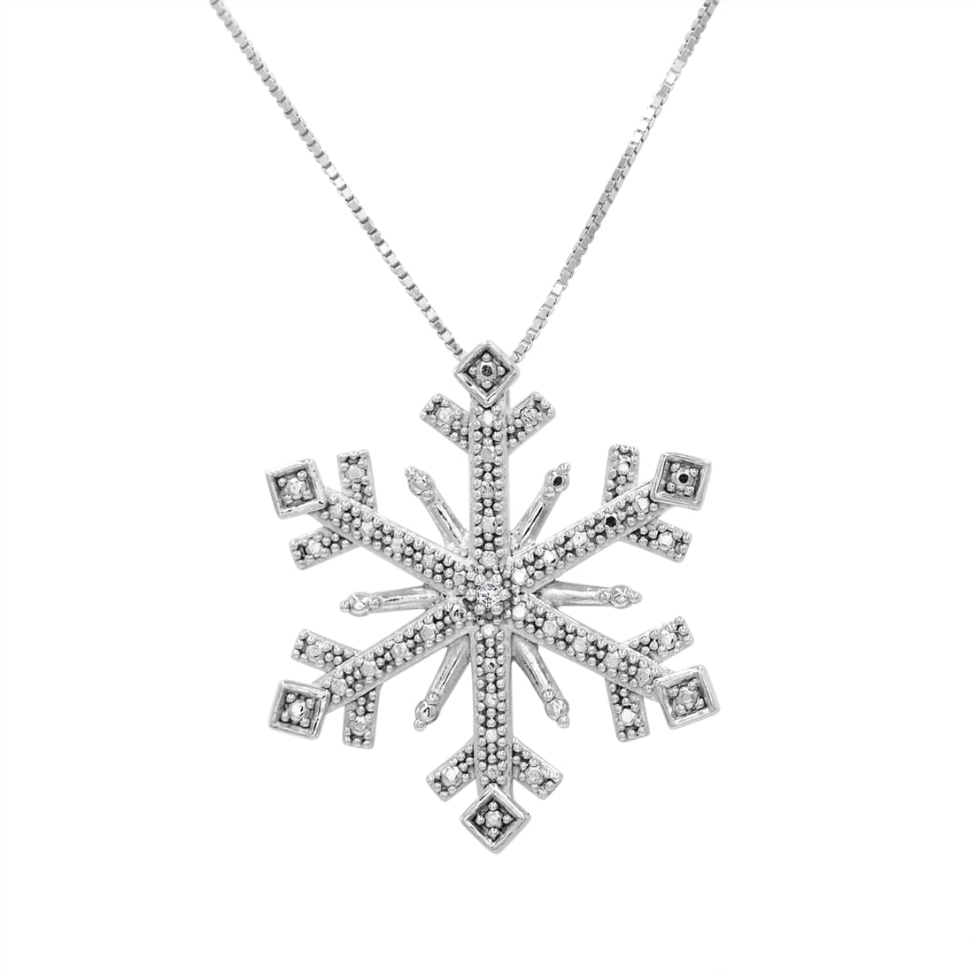 Diamond Accent Snowflake Pendant Necklace in Sterling Silver on an 18 inch Sterling Silver Box Chain|Diamond Necklaces for Women