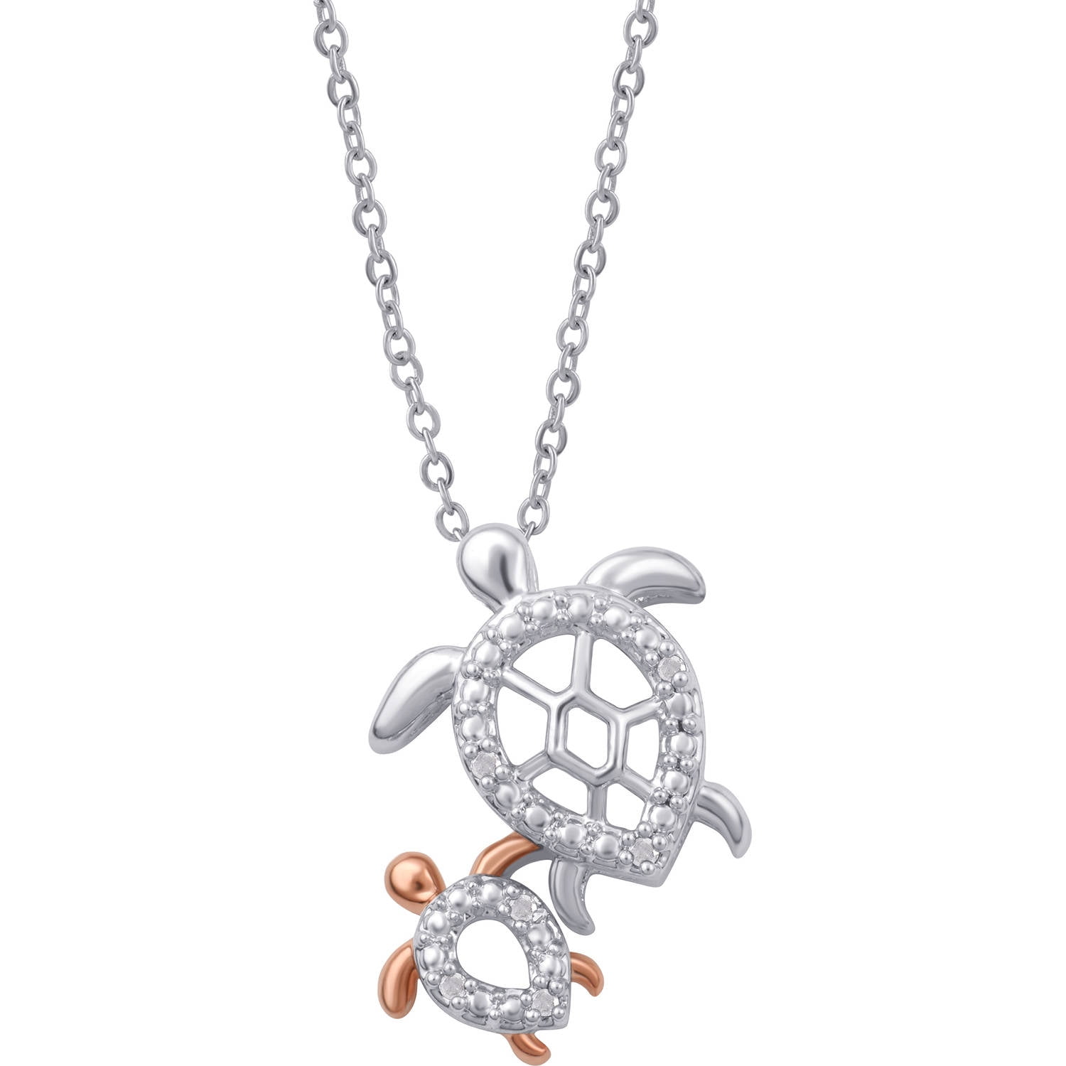Diamond Accent Two-Tone Turtle Mom and Child Pendant, 18" Chain