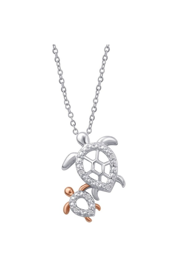 Diamond Accent Two-Tone Turtle Mom and Child Pendant, 18" Chain