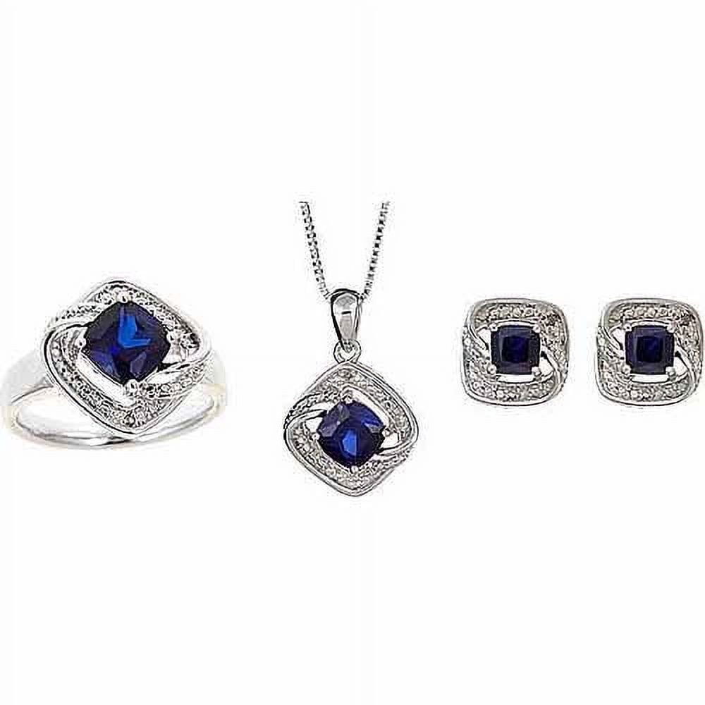 Diamond Accent and Round Created Cushion-Cut Blue Sapphire Silver-Tone Ring, Earrings and Pendant Set, 18"