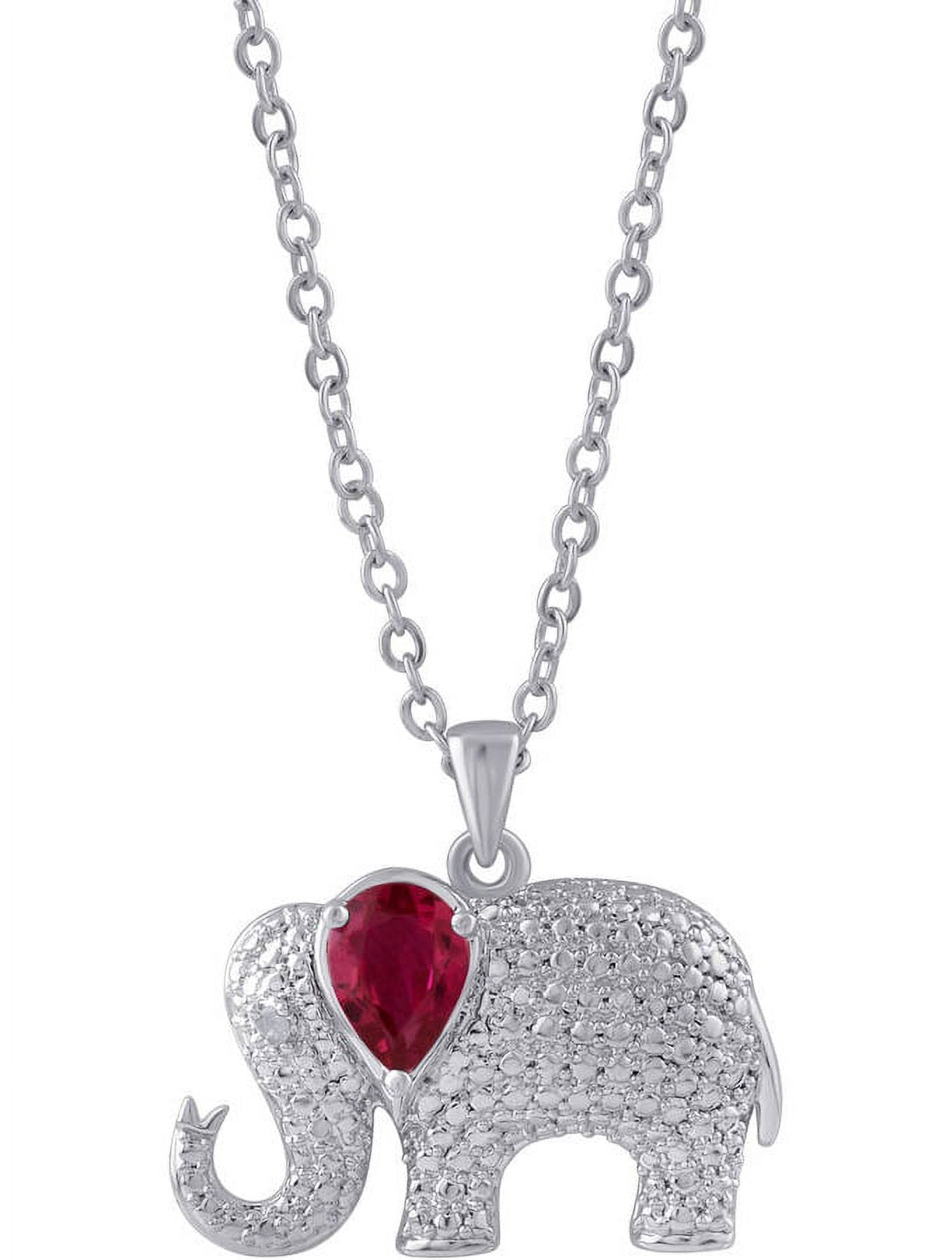 Diamond Accent and Ruby Gemstone Silver-Tone Elephant Fashion Pendant, 18" Chain