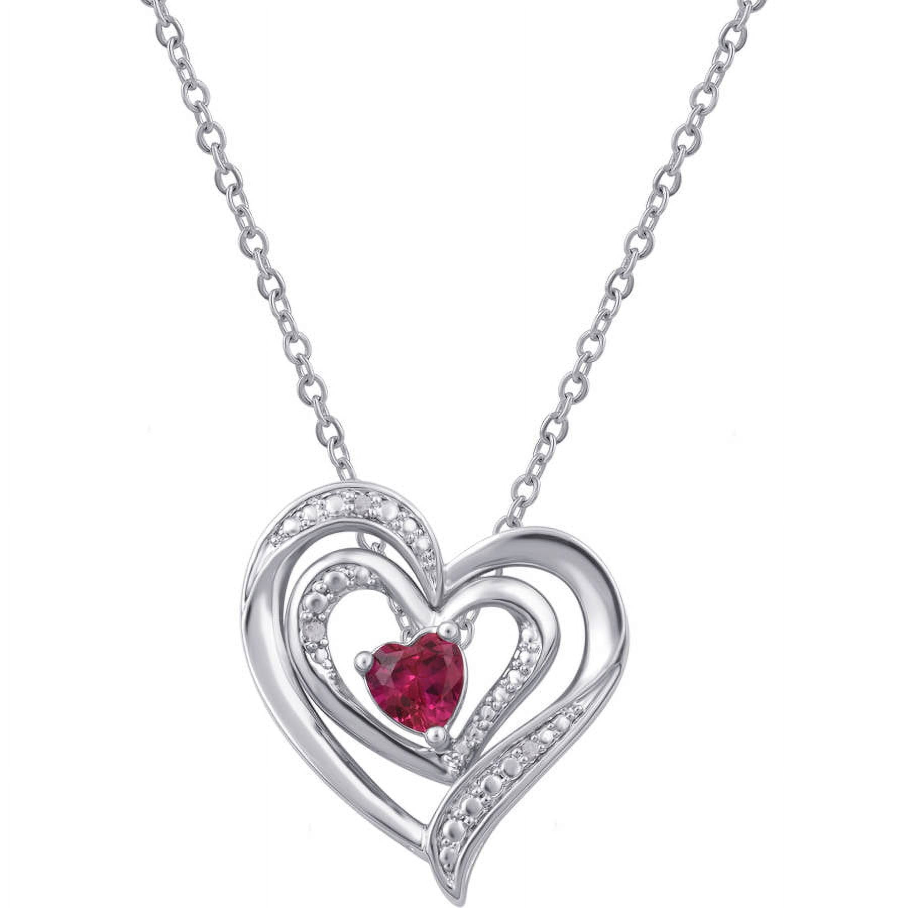 Diamond Accent and Ruby Gemstone Silver-Tone Heart Fashion Pendant, 18" Chain