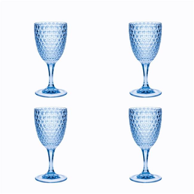 Set of Four Blue Diamond Pattern Acrylic Stemmed Wine Glasses