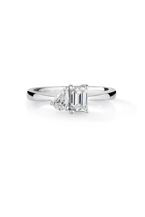 0.50 Cttw Lab Created Diamond Emerald Cut Asymetric Engagement Ring Rhodium Plated Sterling Silver