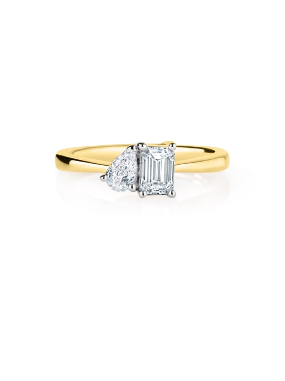 0.50 Cttw Lab Created Diamond Emerald Cut Asymetric Engagement Ring Yellow Gold Plated Sterling Silver