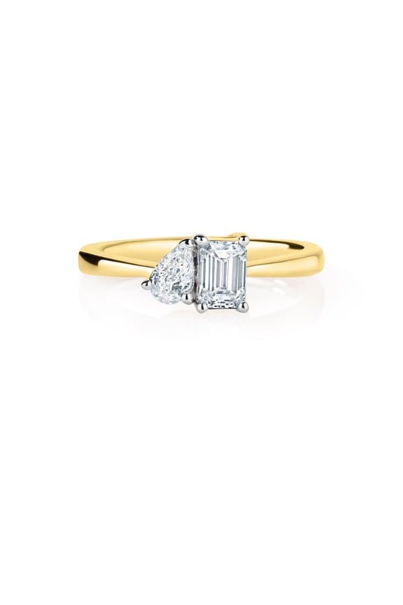 0.50 Cttw Lab Created Diamond Emerald Cut Asymetric Engagement Ring Yellow Gold Plated Sterling Silver
