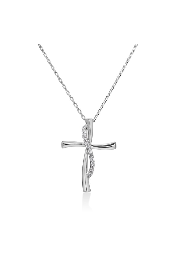 1/10 Cttw Lab Created Diamond Cross Necklace for Women Rhodium Plated 925 Sterling Silver Twisted Pendant