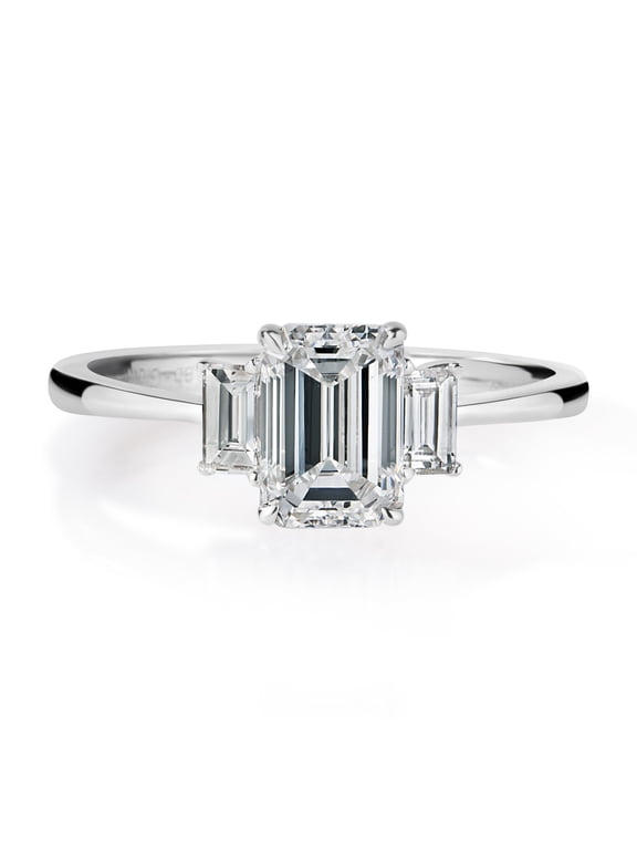 1 Cttw Lab Created Diamond Emerald Cut Three Stone Ring Rhodium Plated Sterling Silver