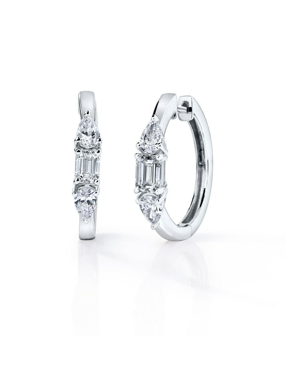 Baguette Pear Cut 1 Cttw Lab Created Diamond Huggie Hoop Earrings Rhodium Plated Sterling Silver