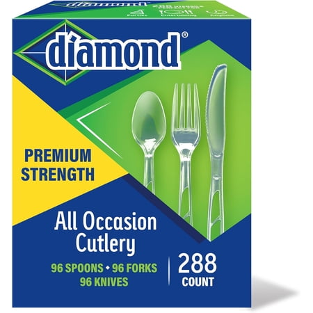 Diamond All Occasion 288 Count Clear Plastic Disposable Cutlery Utensil Set - 96 Forks, Knives and Spoons