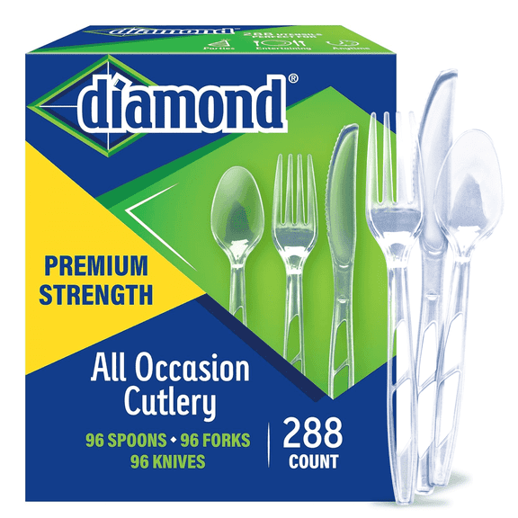 Diamond® All Occasion Clear Disposable Cutlery Set 288 Count Cutlery Set - 96 Forks, Knives and Spoons