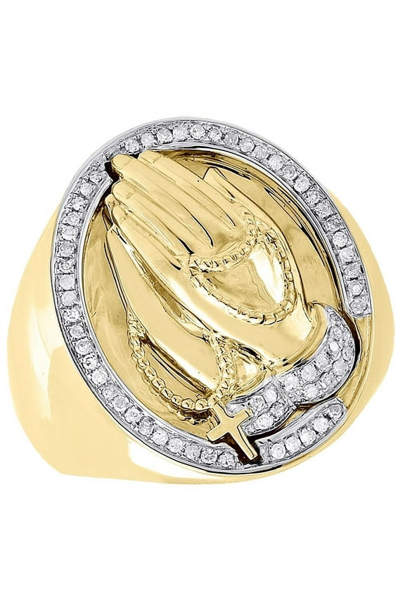 Diamond Angel Pinky Ring Men's 10K Yellow Gold Brushed Round Pave Set 0.30 Tcw.